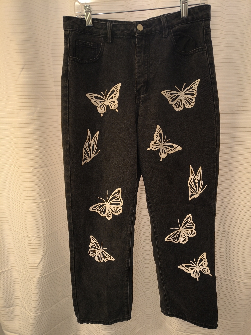 SHEIN Black Jeans with White Butterfly Prints Size Large
